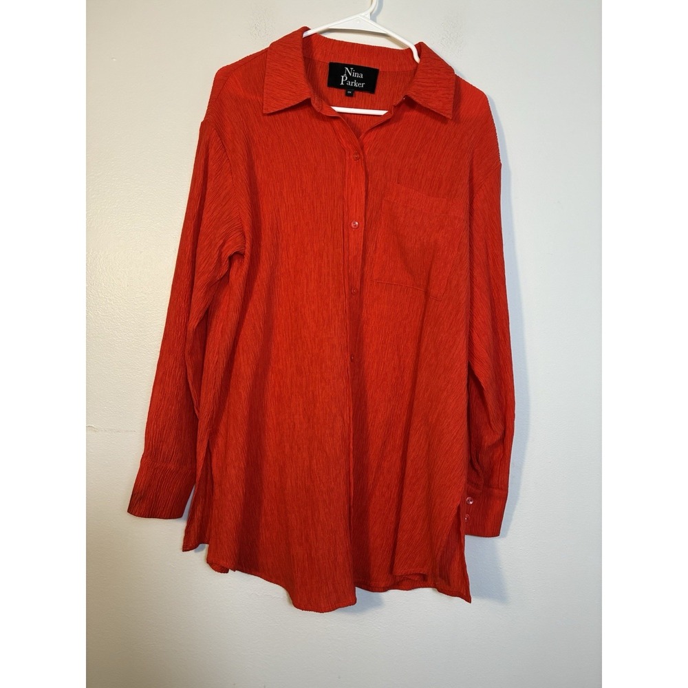 Nina Parker Gauzy Button‎ Up Tunic Blouse Sz XL Red Lagenlook Boho